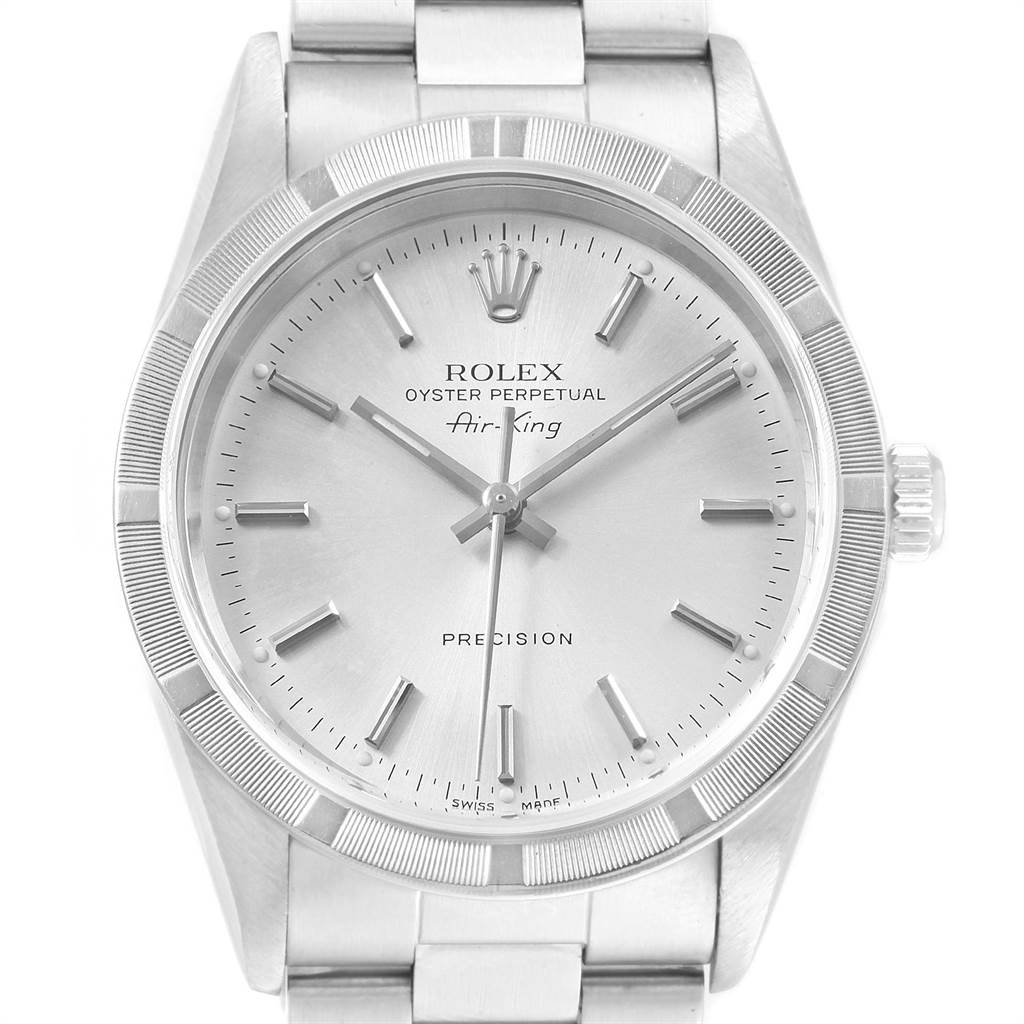 The image shows a front view of the Rolex Air-King 14010 Men's Stainless Steel Silver Dial 14010 Men's Stainless Steel Silver Dial watch, displaying the dial, hands, bezel, and part of the bracelet.