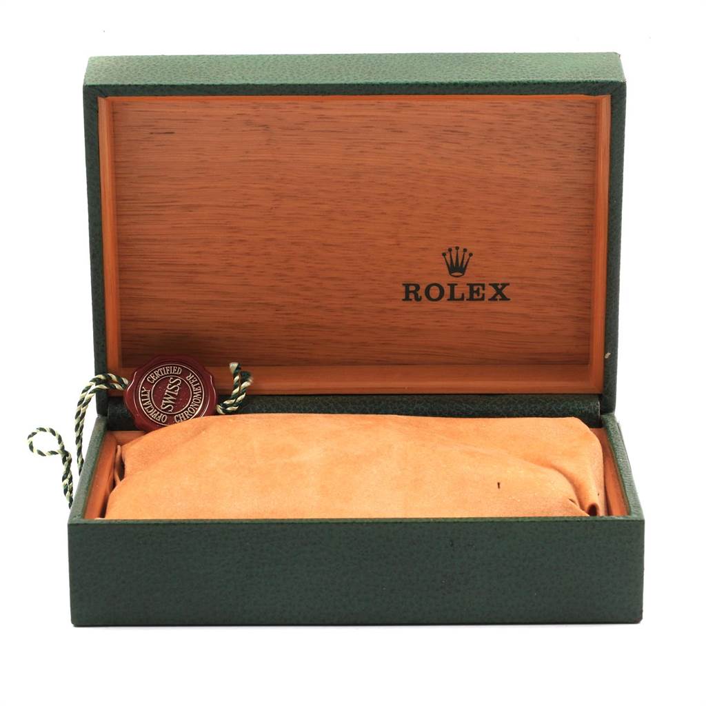 The image shows an open Rolex watch box for the Air-King model, displaying a certification tag and cushion.