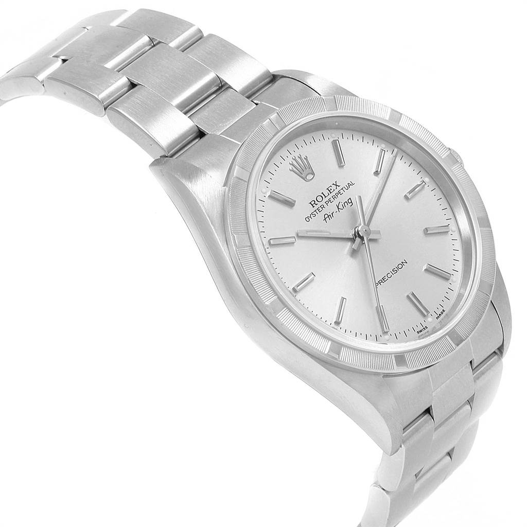The Rolex Air-King 14010 Men's Stainless Steel Silver Dial 14010 Men's Stainless Steel Silver Dial watch is shown at an angled view, displaying its silver bracelet and detailed dial.