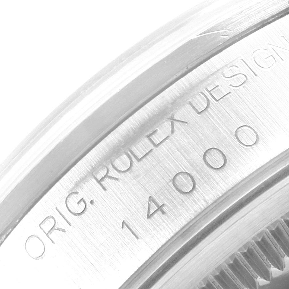 This close-up image shows the engraving on the side bezel of a Rolex Air-King 14000 Men's Stainless Steel Black Dial 14000 Men's Stainless Steel Black Dial watch, displaying the original design and model number.
