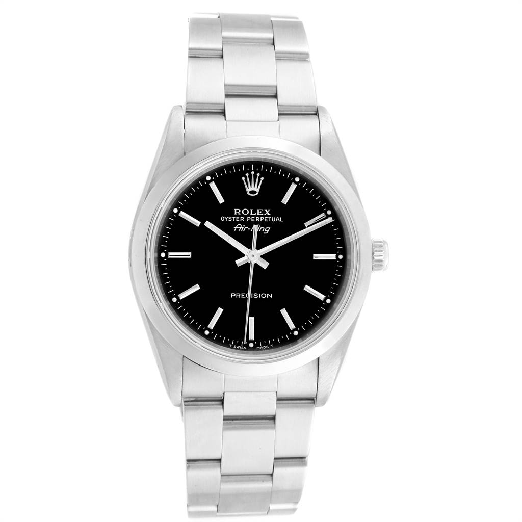 The image shows a front view of the Rolex Air-King 14000 Men's Stainless Steel Black Dial 14000 Men's Stainless Steel Black Dial watch displaying its black dial, stainless steel case, and bracelet.