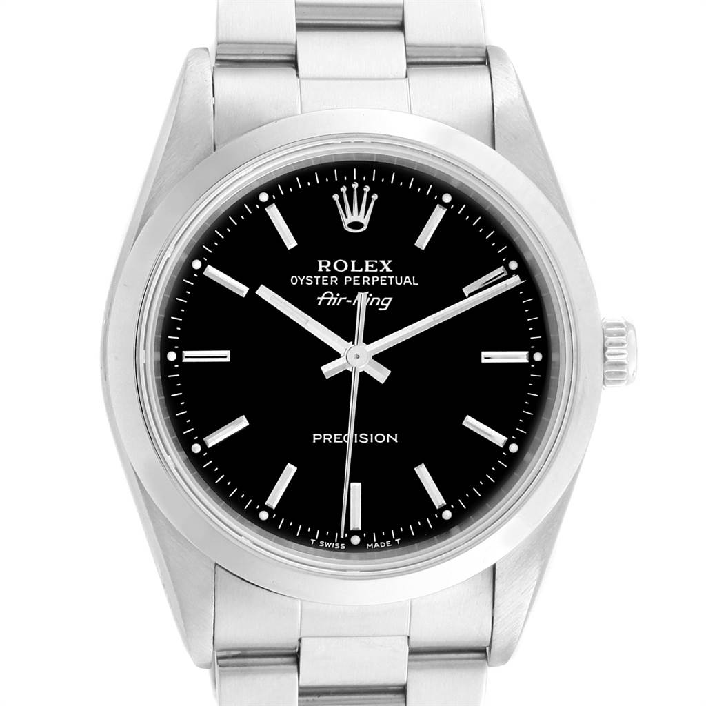 The image shows a front view of the Rolex Air-King 14000 Men's Stainless Steel Black Dial 14000 Men's Stainless Steel Black Dial watch, displaying the dial, bezel, and part of the bracelet.