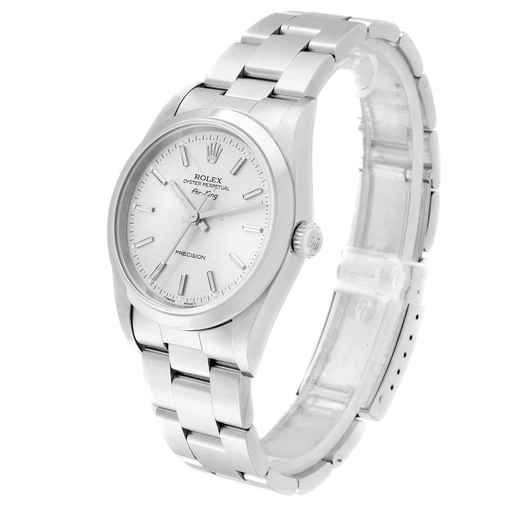 The Rolex Air-King 14000 Men's Stainless Steel Silver Dial 14000 Men's Stainless Steel Silver Dial watch is shown at a slight oblique angle, displaying its face, bezel, crown, and bracelet clearly.