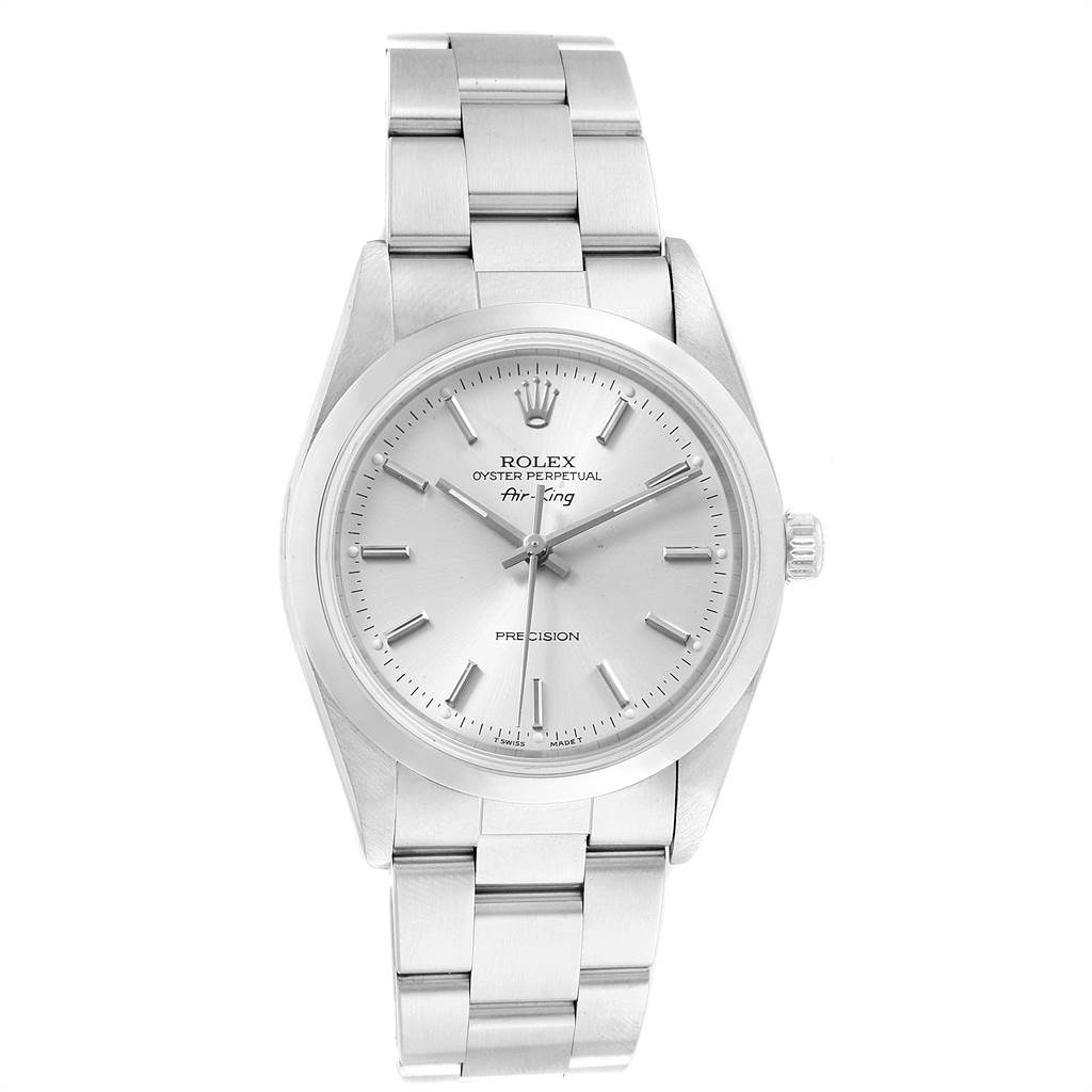 This image shows a front view of the Rolex Air-King 14000 Men's Stainless Steel Silver Dial 14000 Men's Stainless Steel Silver Dial watch, highlighting its face, bezel, and bracelet.