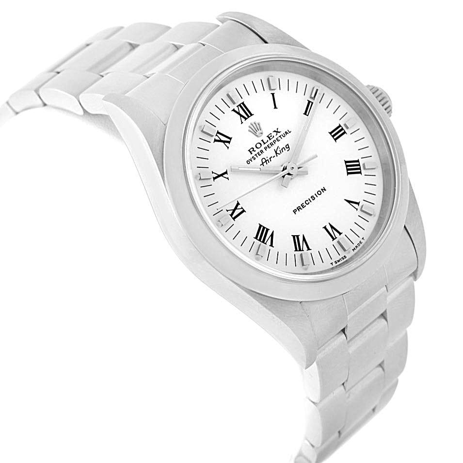 The image shows a side-angle view of the Rolex Air-King 14000 Men's Stainless Steel White Dial 14000 Men's Stainless Steel White Dial watch, highlighting the dial, bezel, and part of the bracelet.