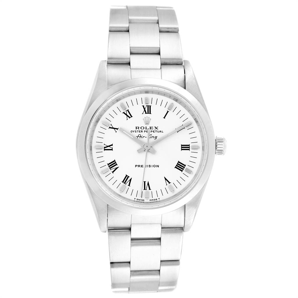 This is a front view of the Rolex Air-King 14000 Men's Stainless Steel White Dial 14000 Men's Stainless Steel White Dial watch, showcasing the face, bezel, and part of the bracelet.