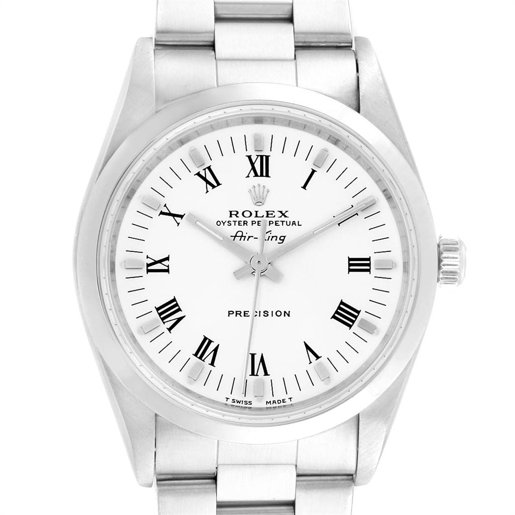 The image shows a close-up of the front face of the Rolex Air-King 14000 Men's Stainless Steel White Dial 14000 Men's Stainless Steel White Dial watch, highlighting the dial, hands, and part of the bracelet.