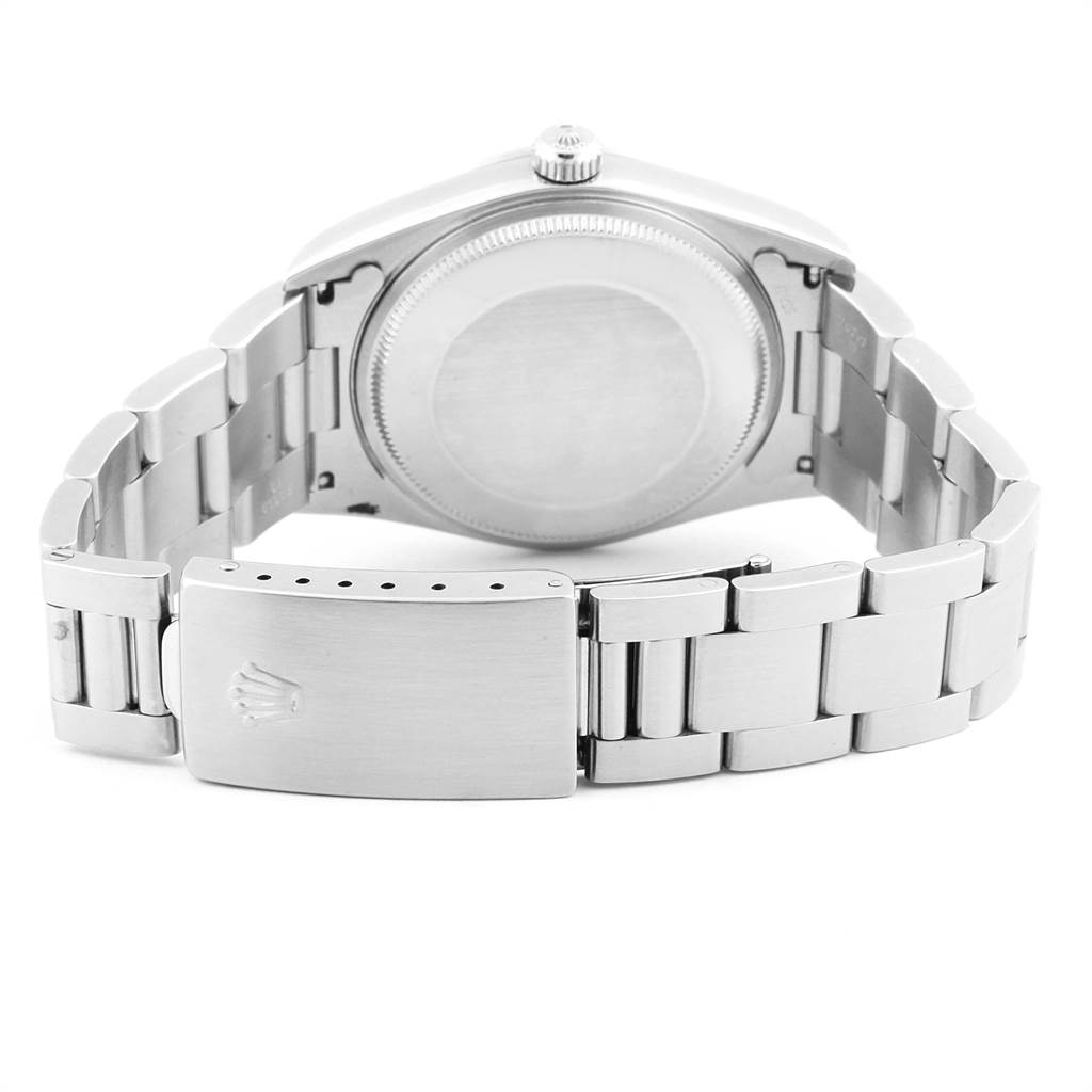 The image shows the back view of a Rolex Air-King 14000 Men's Stainless Steel White Dial 14000 Men's Stainless Steel White Dial watch, including the bracelet and clasp.