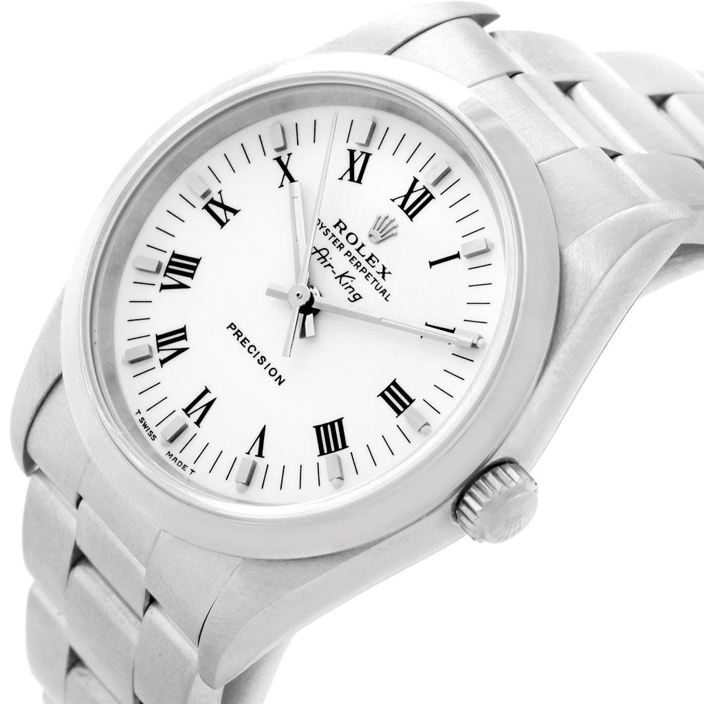 The Rolex Air-King 14000 Men's Stainless Steel White Dial 14000 Men's Stainless Steel White Dial watch is shown at a slight side angle, displaying the face, bezel, crown, and part of the bracelet.