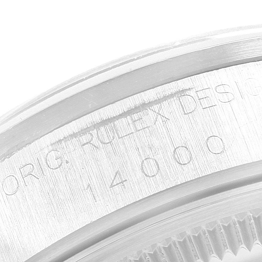 This image shows a close-up of the case back with engravings on a Rolex Air-King 14000 Men's Stainless Steel White Dial 14000 Men's Stainless Steel White Dial watch.
