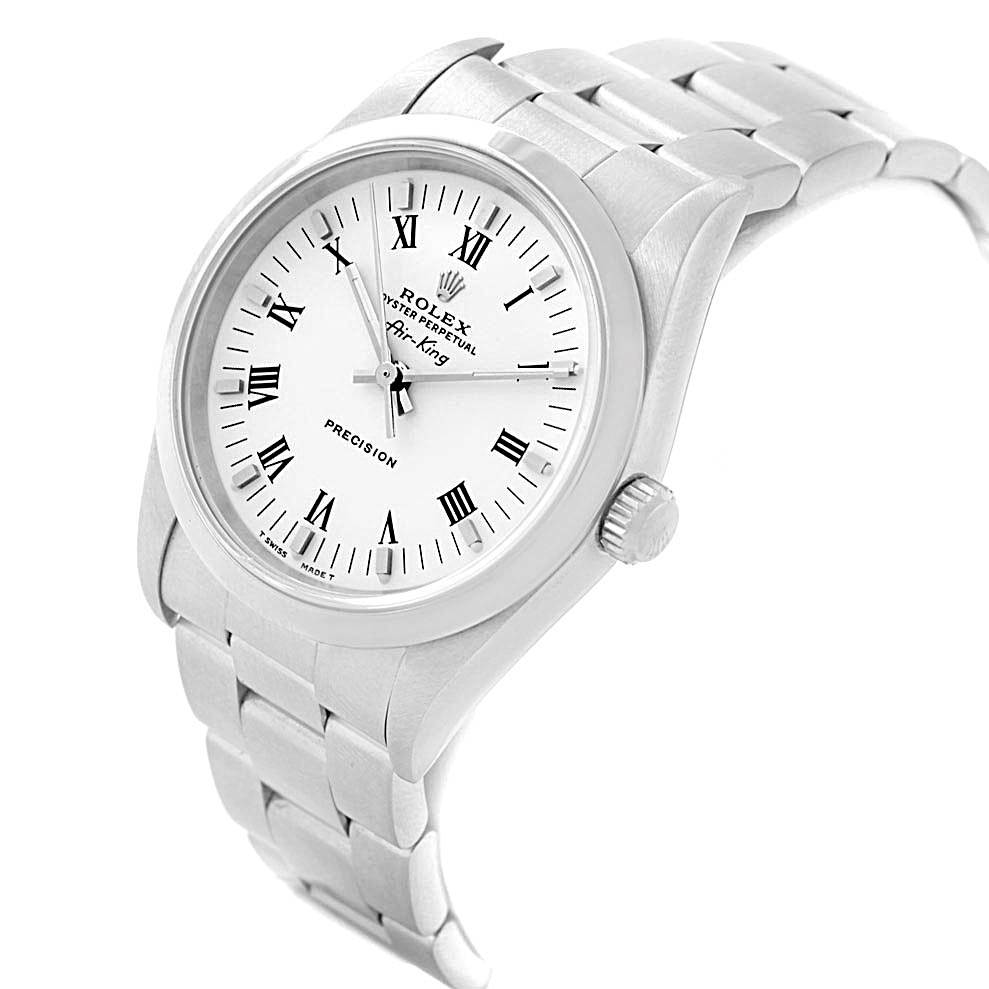 The image shows a side angle view of the Rolex Air-King 14000 Men's Stainless Steel White Dial 14000 Men's Stainless Steel White Dial watch, highlighting its face, crown, and bracelet.