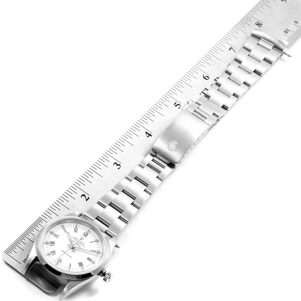 The image shows a Rolex Air-King 14000 Men's Stainless Steel White Dial 14000 Men's Stainless Steel White Dial watch laid flat with its band fully extended and measured against a ruler.