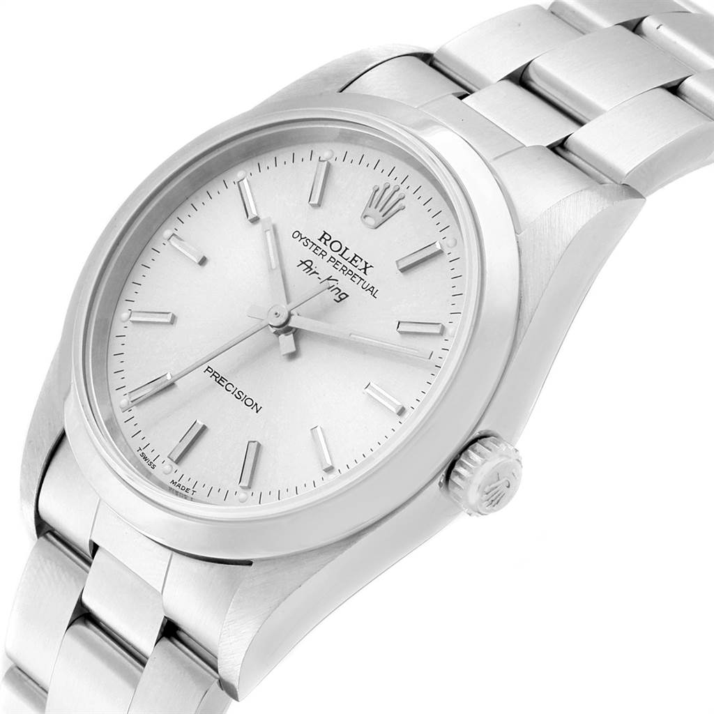 The image shows a Rolex Air-King 14000 Men's Stainless Steel Silver Dial 14000 Men's Stainless Steel Silver Dial watch at an angled top view, highlighting the dial, crown, and metal band.