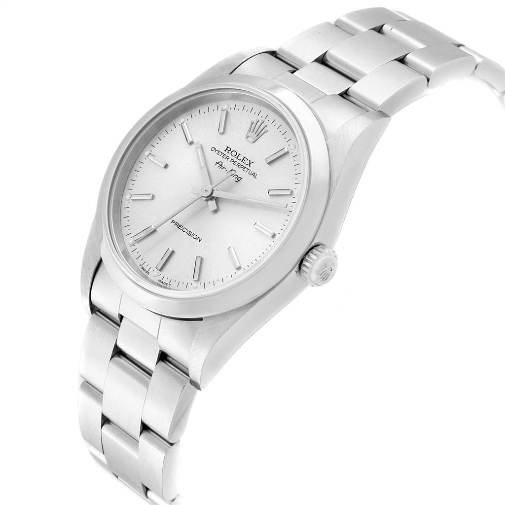 This image shows a Rolex Air-King 14000 Men's Stainless Steel Silver Dial 14000 Men's Stainless Steel Silver Dial watch at an angled view, highlighting its face, band, and crown.