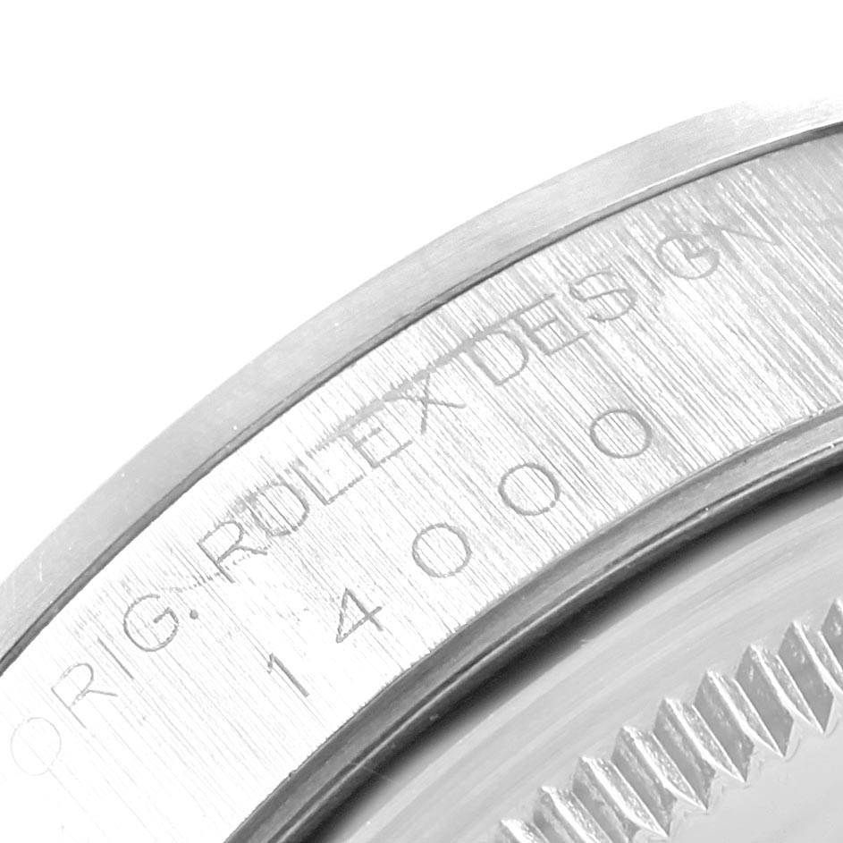 This image shows a close-up of the engraved case back of the Rolex Air-King 14000 Men's Stainless Steel Silver Dial 14000 Men's Stainless Steel Silver Dial model, highlighting the text "ORG. ROLEX DESIGN 14000".