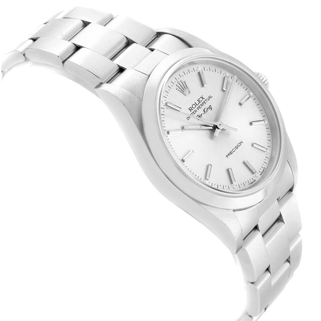 The image shows a side angle of the Rolex Air-King 14000 Men's Stainless Steel Silver Dial 14000 Men's Stainless Steel Silver Dial watch, highlighting the watch face, bezel, and metal bracelet.