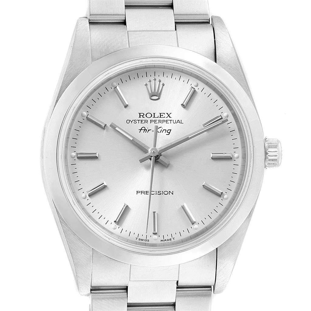 The image shows a front view of the Rolex Air-King 14000 Men's Stainless Steel Silver Dial 14000 Men's Stainless Steel Silver Dial watch, displaying the dial, hands, crown, and part of the bracelet.