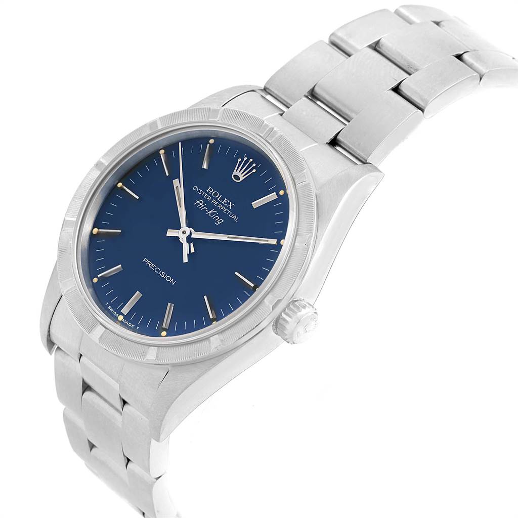 The Rolex Air-King 14010 Men's Stainless Steel Blue Dial 14010 Men's Stainless Steel Blue Dial watch is shown from an angled perspective, highlighting the dial, bezel, crown, and bracelet.