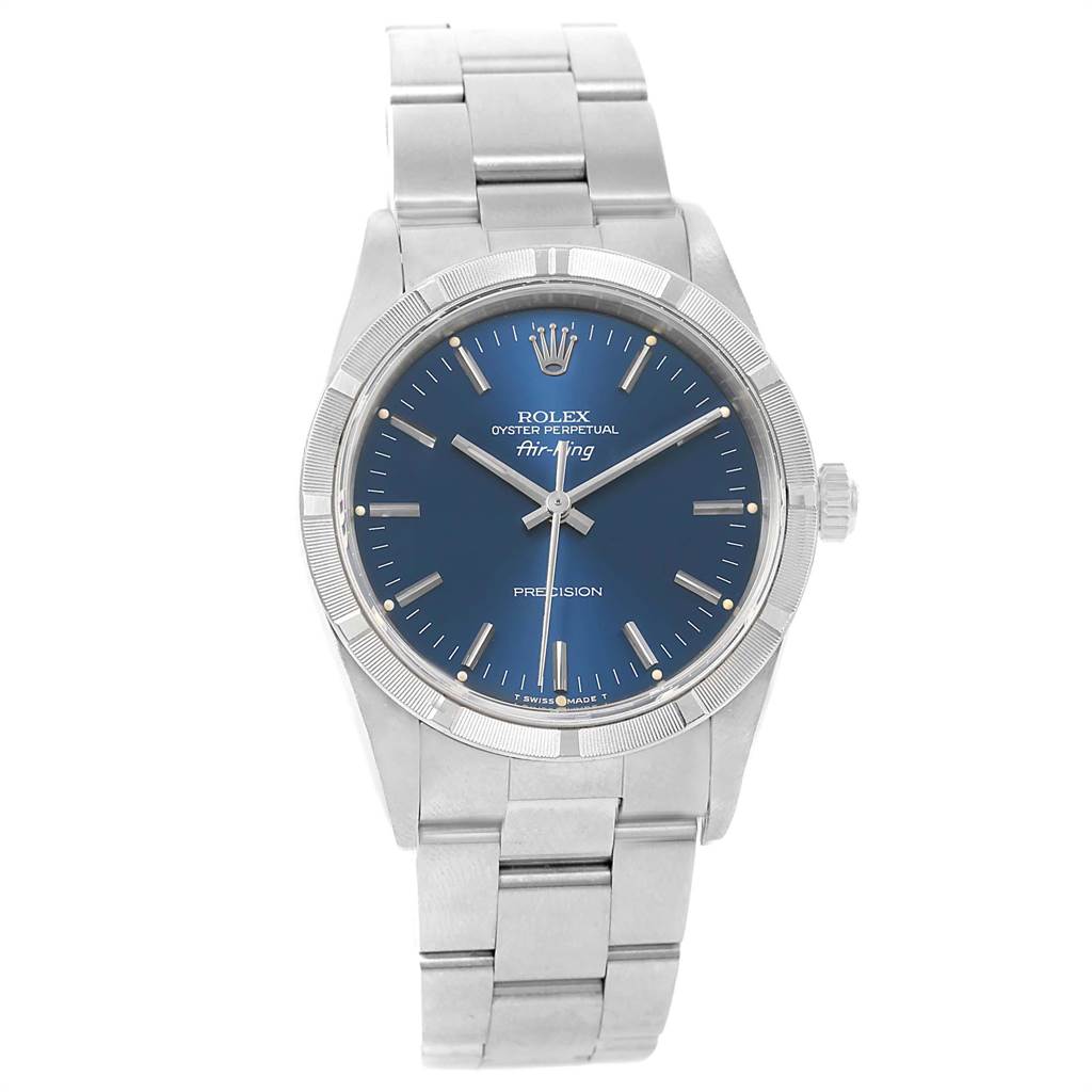 The image shows a Rolex Air-King 14010 Men's Stainless Steel Blue Dial 14010 Men's Stainless Steel Blue Dial watch from a front angle, displaying its dial, hands, bezel, crown, and bracelet.
