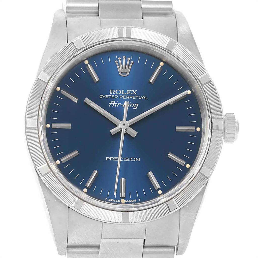 This image shows the front view of the Rolex Air-King 14010 Men's Stainless Steel Blue Dial 14010 Men's Stainless Steel Blue Dial watch, featuring its face, hour markers, hands, crown, and bracelet.