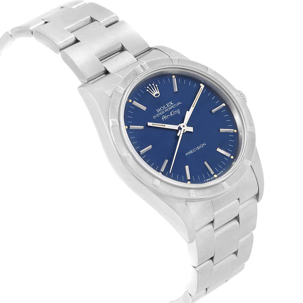 The image shows a Rolex Air-King 14010 Men's Stainless Steel Blue Dial 14010 Men's Stainless Steel Blue Dial watch at an angled side view, displaying the dial, bezel, and bracelet.
