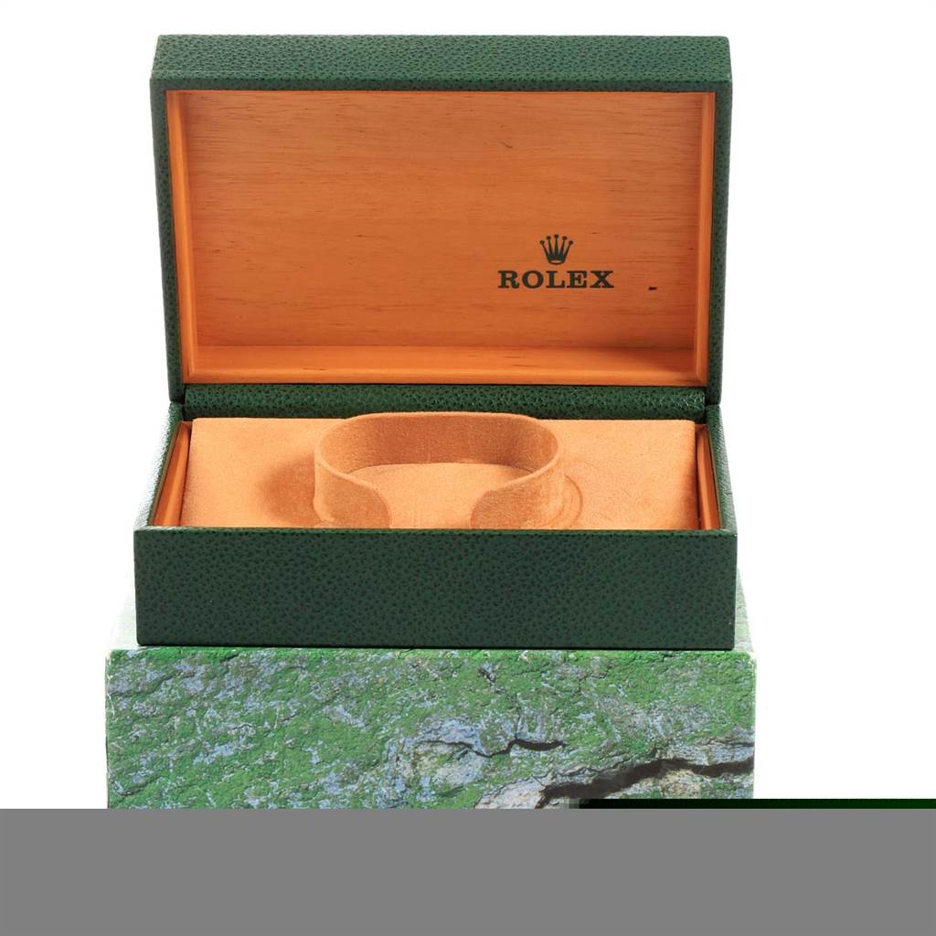 This image shows the open presentation box for a Rolex Air-King 14010 Men's Stainless Steel Blue Dial 14010 Men's Stainless Steel Blue Dial watch, featuring its protective cushion.