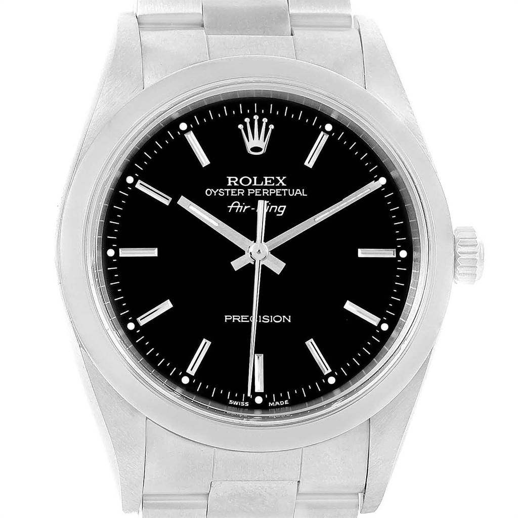 The image shows a front view of the Rolex Air-King 14000 Men's Stainless Steel Black Dial 14000 Men's Stainless Steel Black Dial watch, highlighting the dial, hands, and part of the bracelet.