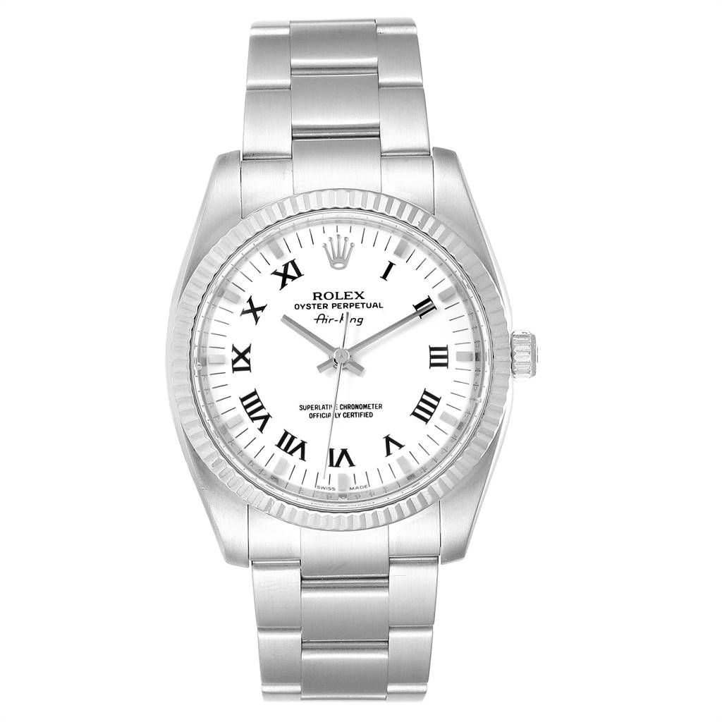 The image shows the front view of a Rolex Air-King 114234 Men's Stainless Steel White Dial 114234 Men's Stainless Steel White Dial watch, displaying its white dial, Roman numerals, and stainless steel bracelet.