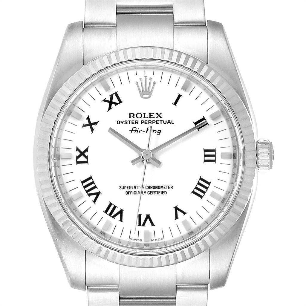 The image shows a front view of the Rolex Air-King 114234 Men's Stainless Steel White Dial 114234 Men's Stainless Steel White Dial watch, highlighting its dial, bezel, and part of the bracelet.