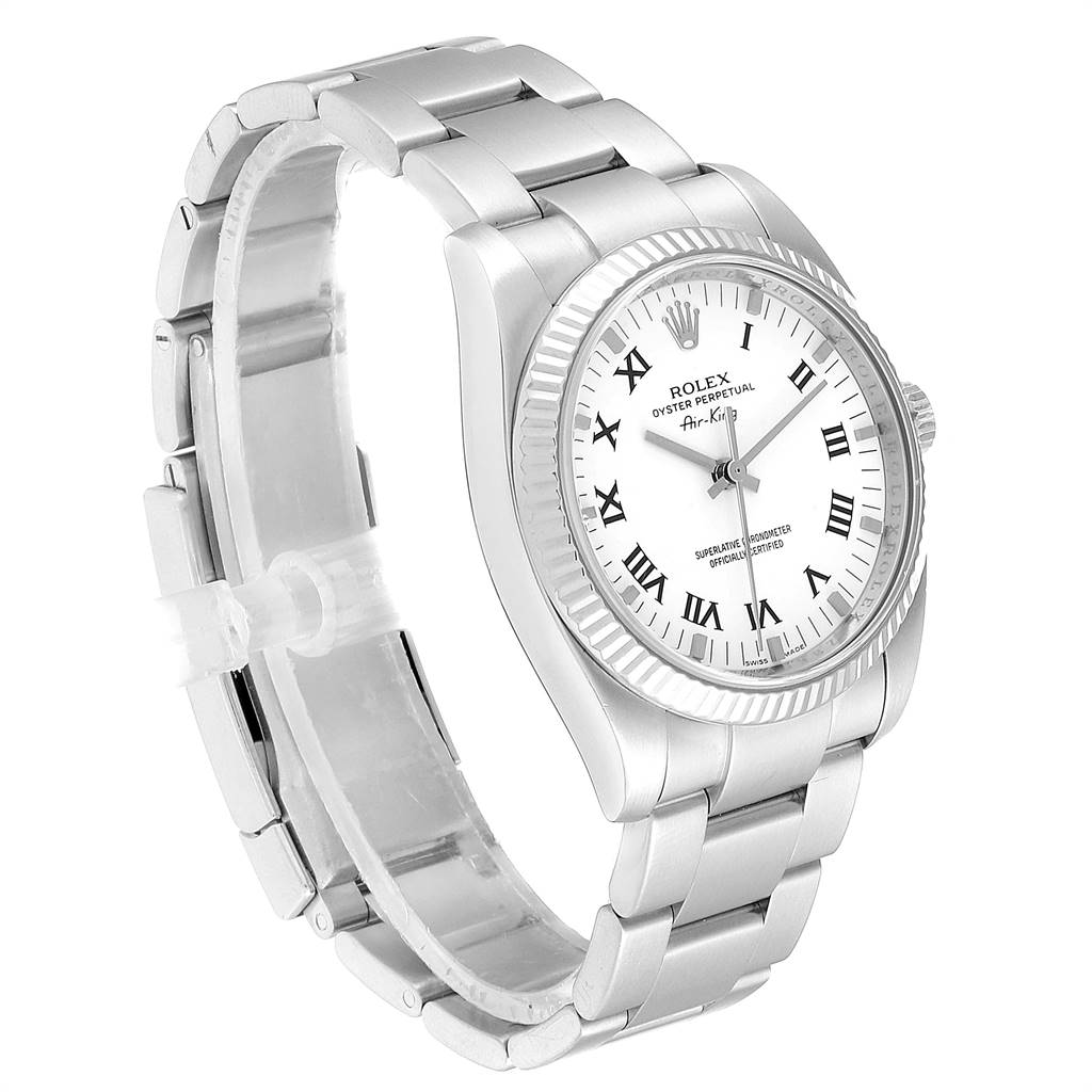 This Rolex Air-King 114234 Men's Stainless Steel White Dial 114234 Men's Stainless Steel White Dial watch is shown at a slight angle, highlighting the face, bezel, and part of the bracelet.