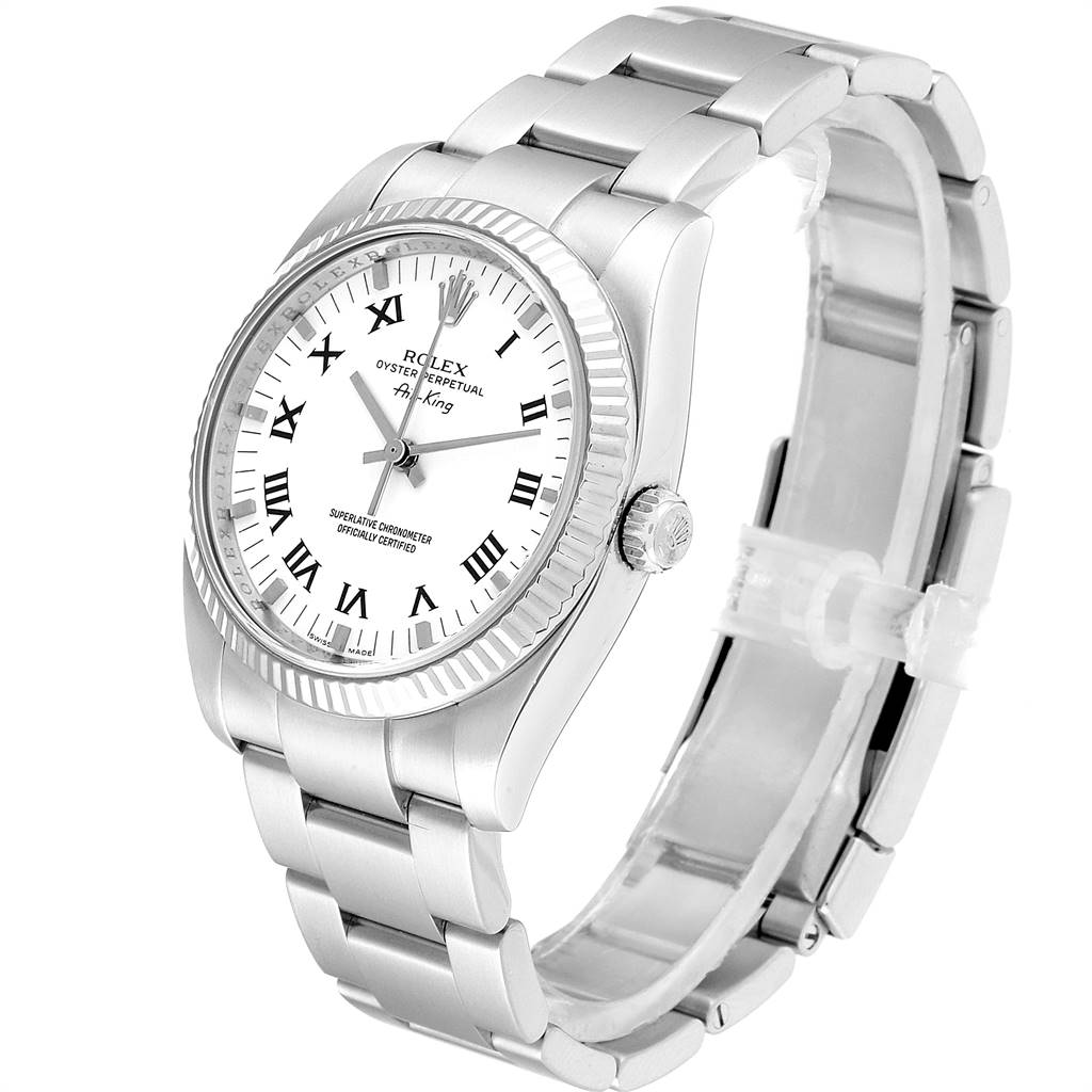 The Rolex Air-King 114234 Men's Stainless Steel White Dial 114234 Men's Stainless Steel White Dial watch is shown at an angle, displaying its face, bezel, and bracelet clearly.