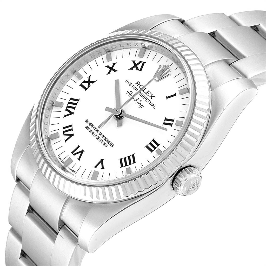 The Rolex Air-King 114234 Men's Stainless Steel White Dial 114234 Men's Stainless Steel White Dial watch is displayed at a side angle, showing the dial, bezel, crown, and part of the bracelet.