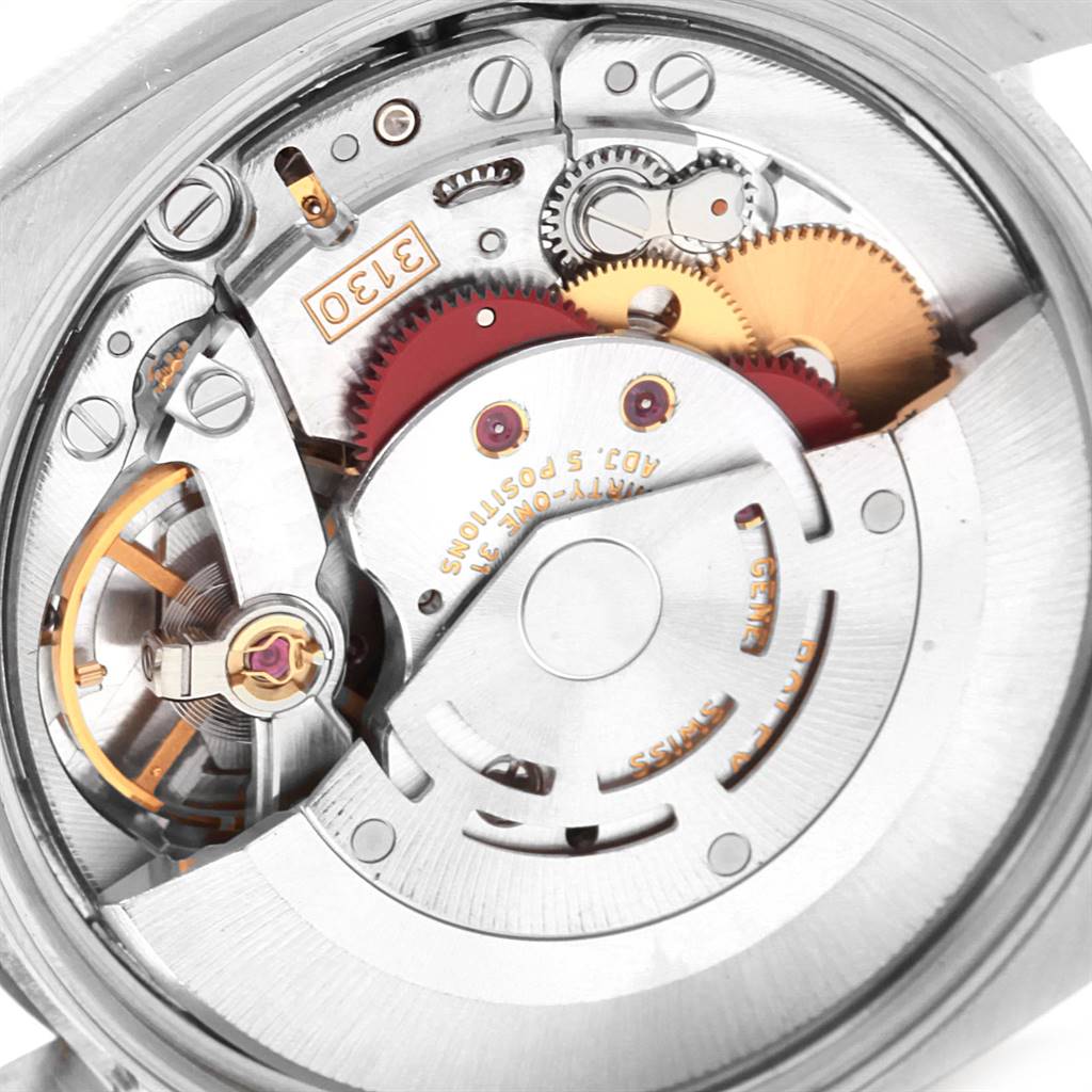 The image shows the internal movement mechanism of a Rolex Air-King 114234 Men's Stainless Steel White Dial 114234 Men's Stainless Steel White Dial watch from a close-up angle.