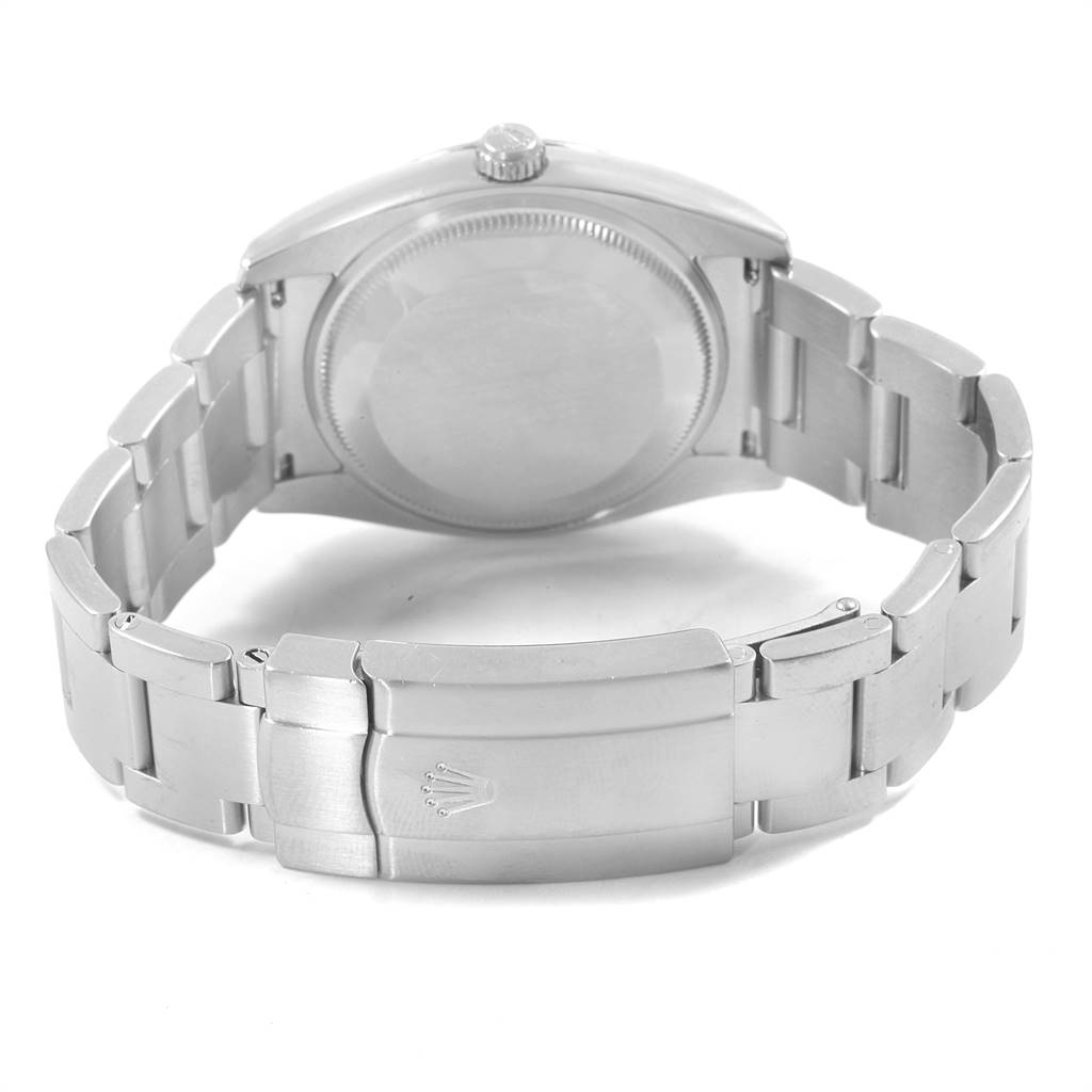 This image shows the backside and bracelet of a Rolex Air-King 114234 Men's Stainless Steel White Dial 114234 Men's Stainless Steel White Dial watch, including the clasp and case back.
