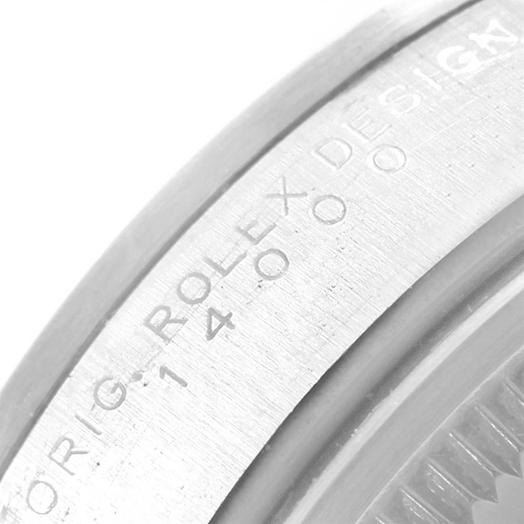 The image shows a close-up angle of the case side of a Rolex Air-King 14000 Men's Stainless Steel Black Dial 14000 Men's Stainless Steel Black Dial watch with engraved text "ROLEX DESIGN 14000".