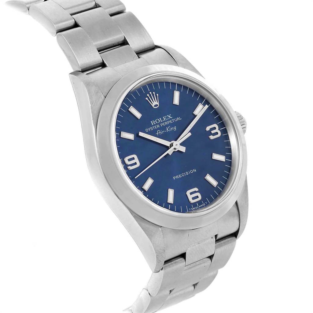 The image shows a Rolex Air-King 14000 Men's Stainless Steel Blue Dial 14000 Men's Stainless Steel Blue Dial watch at an angled side view, highlighting the dial, bezel, and part of the bracelet.