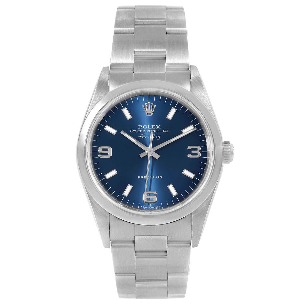 The image shows a front view of the Rolex Air-King 14000 Men's Stainless Steel Blue Dial 14000 Men's Stainless Steel Blue Dial watch, displaying the dial, bezel, and metal bracelet.
