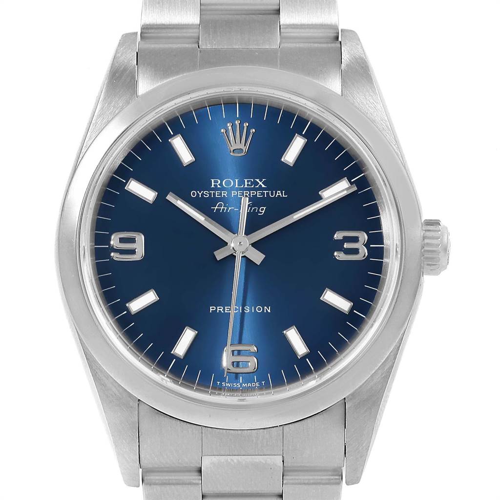 The image shows a front angle of the Rolex Air-King 14000 Men's Stainless Steel Blue Dial 14000 Men's Stainless Steel Blue Dial watch, highlighting its face, hands, bezel, and part of the bracelet.
