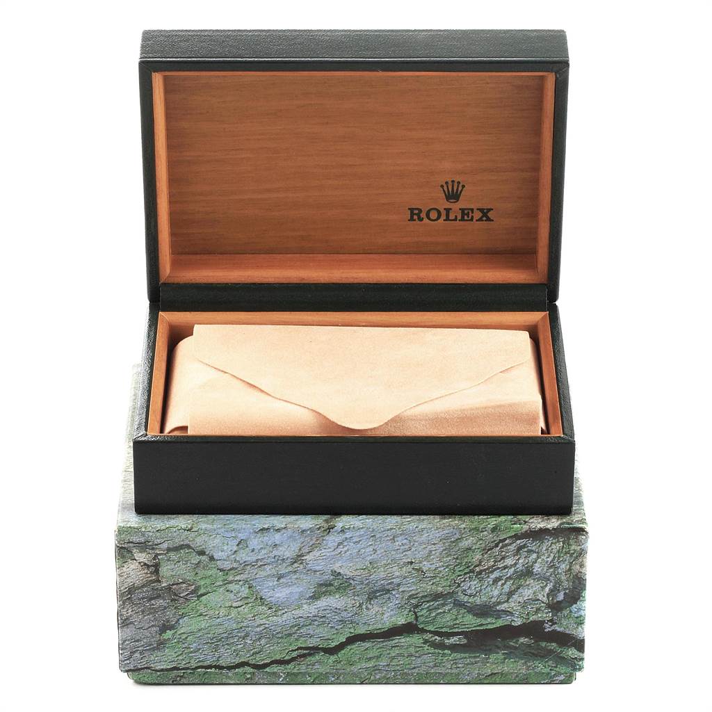 The image shows the open box for a Rolex Air-King 14000 Men's Stainless Steel Blue Dial 14000 Men's Stainless Steel Blue Dial watch, revealing a pouch inside.