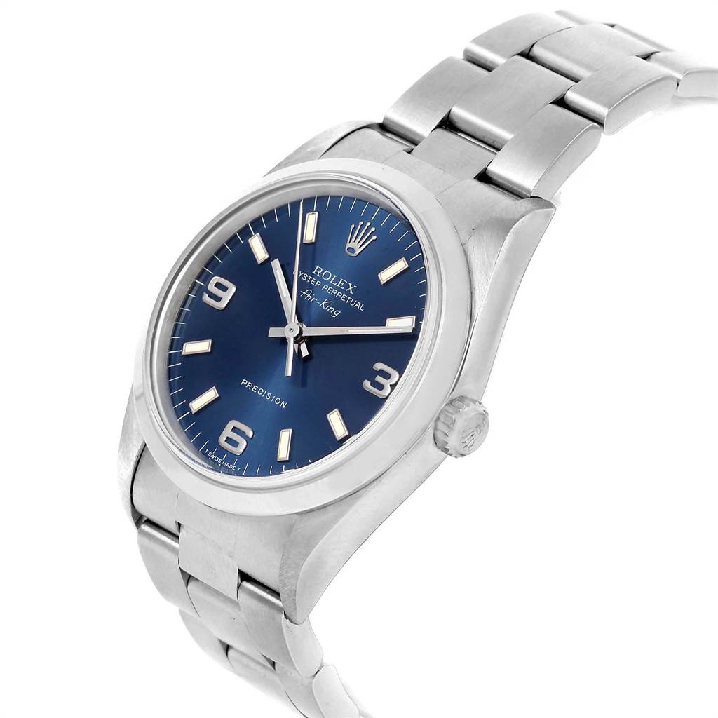 This image shows a Rolex Air-King 14000 Men's Stainless Steel Blue Dial 14000 Men's Stainless Steel Blue Dial watch at a slight angle, featuring its blue dial, crown, and stainless steel bracelet.
