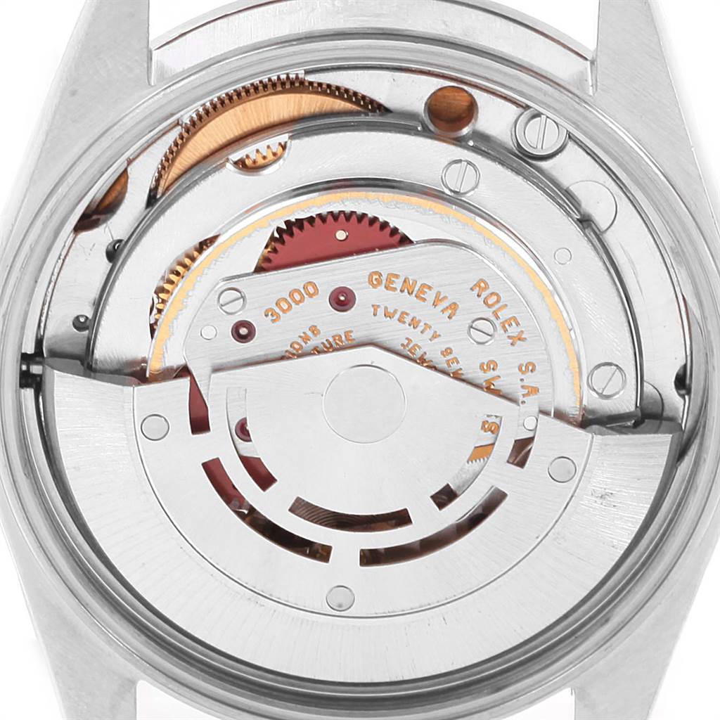 The image shows the movement mechanism of the Rolex Air-King 14000 Men's Stainless Steel Blue Dial 14000 Men's Stainless Steel Blue Dial, viewed from the back of the watch case.