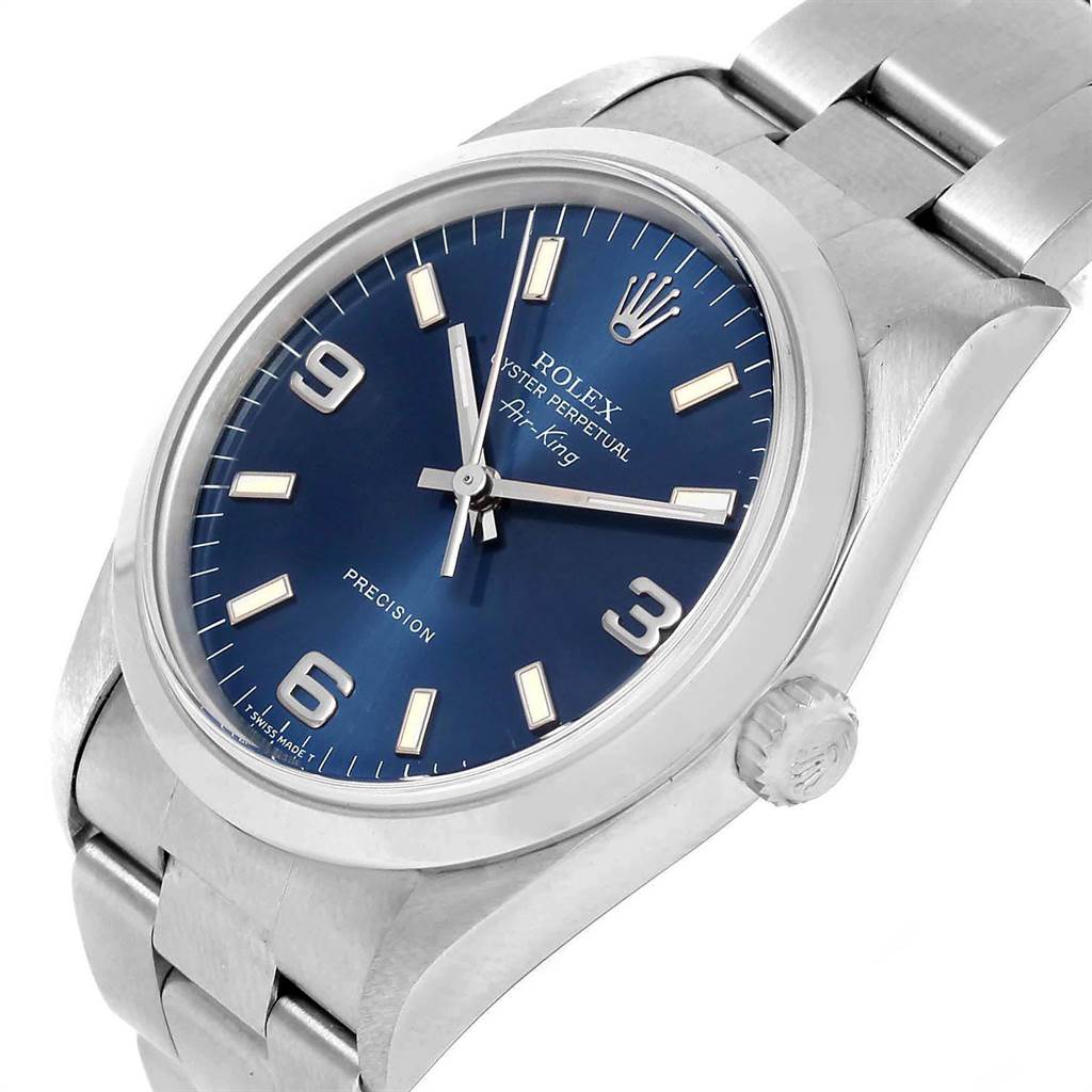 The image shows a Rolex Air-King 14000 Men's Stainless Steel Blue Dial 14000 Men's Stainless Steel Blue Dial watch at an angled close-up, highlighting its blue dial, stainless steel case, and bracelet.