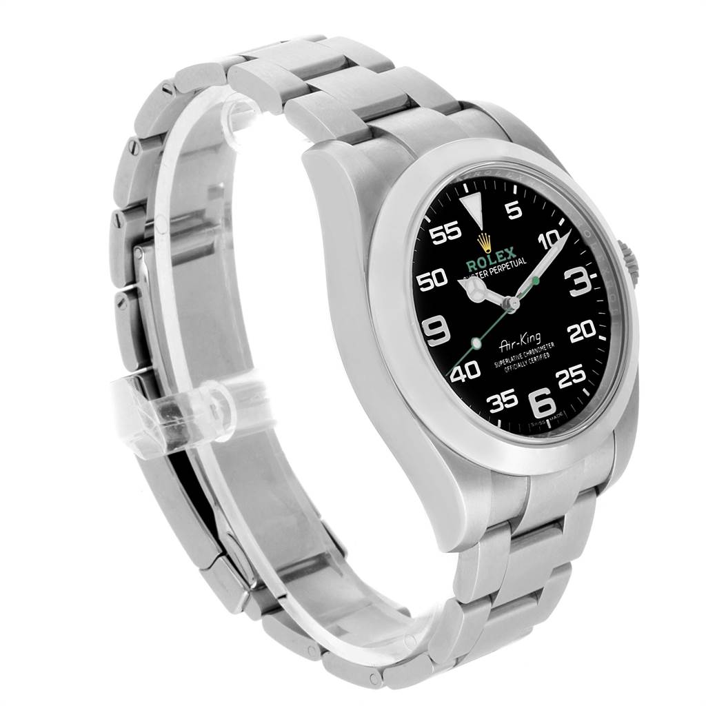 This image shows a side angle of the Rolex Air-King 116900 Men's Stainless Steel Black Dial 116900 Men's Stainless Steel Black Dial watch, highlighting its stainless steel bracelet and black dial.