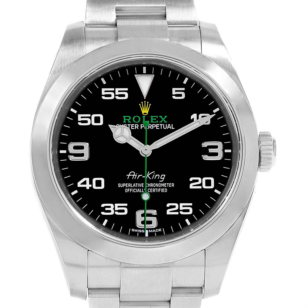 The image shows a front view of the Rolex Air-King 116900 Men's Stainless Steel Black Dial 116900 Men's Stainless Steel Black Dial watch, highlighting its black dial, hands, numerals, and part of its metal band.
