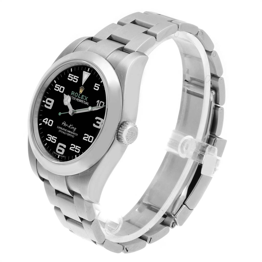 The Rolex Air-King 116900 Men's Stainless Steel Black Dial 116900 Men's Stainless Steel Black Dial watch is shown at a three-quarter angle, highlighting the face, bezel, crown, and bracelet.