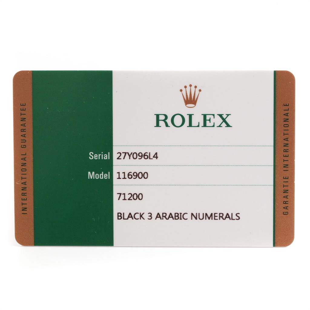 This image shows the guarantee card for a Rolex Air-King 116900 Men's Stainless Steel Black Dial 116900 Men's Stainless Steel Black Dial model with the serial number 27Y096L4 and model number 116900.