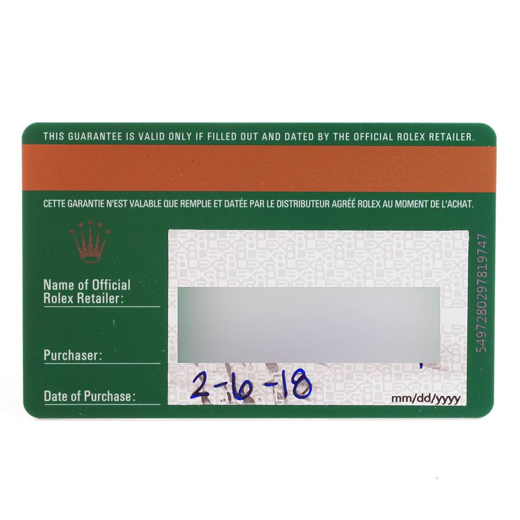 This image shows the guarantee card for a Rolex Air-King 116900 Men's Stainless Steel Black Dial 116900 Men's Stainless Steel Black Dial watch, featuring purchase details and retailer information.