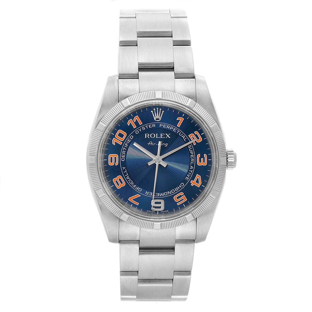 The image shows a front view of a Rolex Air-King 114210 Men's Stainless Steel Blue Dial 114210 Men's Stainless Steel Blue Dial watch, highlighting its face, bezel, and bracelet.