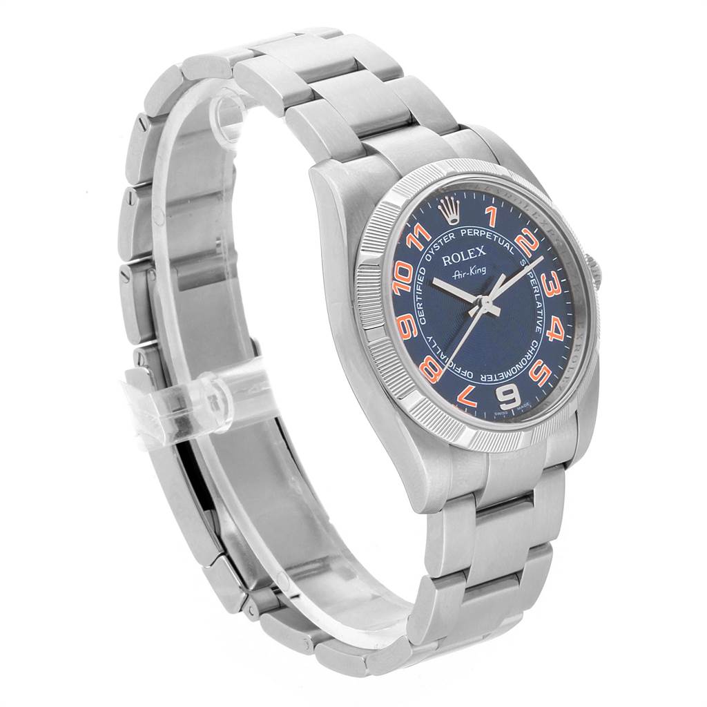 The Rolex Air-King 114210 Men's Stainless Steel Blue Dial 114210 Men's Stainless Steel Blue Dial watch is shown at a three-quarter angle, highlighting its band, bezel, and face.