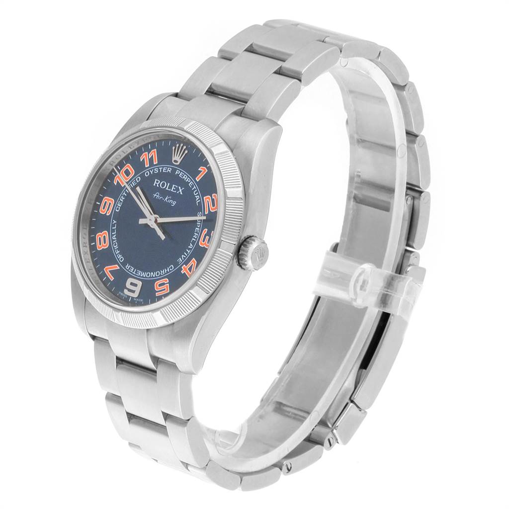 The image shows a side angle view of the Rolex Air-King 114210 Men's Stainless Steel Blue Dial 114210 Men's Stainless Steel Blue Dial watch, displaying the face, crown, and metal bracelet.